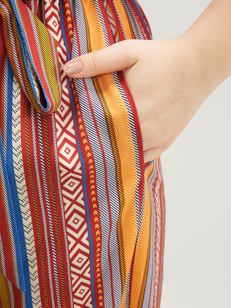 Striped Patchwork Notched Neck Belted Pocket Jumpsuit