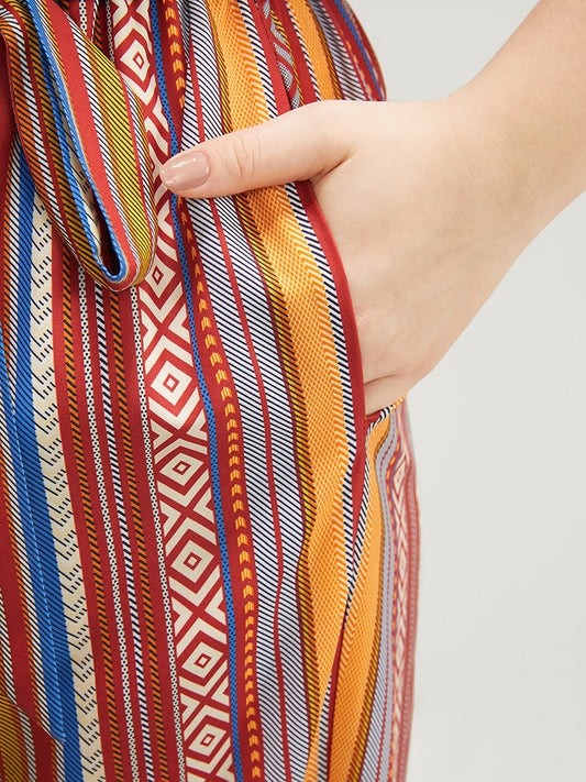 Striped Patchwork Notched Neck Belted Pocket Jumpsuit