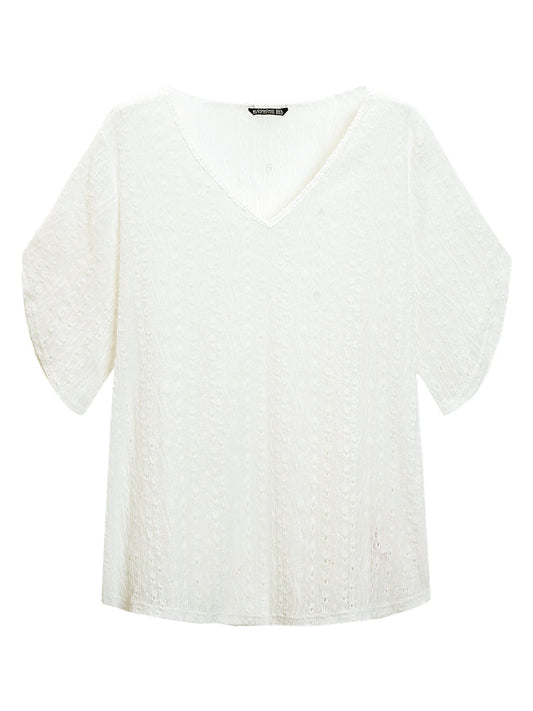 Plain Split Sleeve Eyelet Textured T-shirt