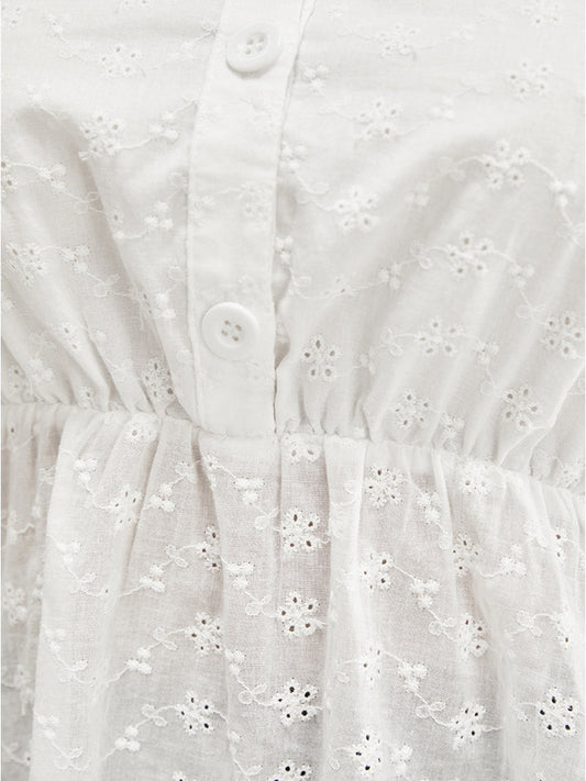 Solid Broderie Anglaise Notched Neck Blouse