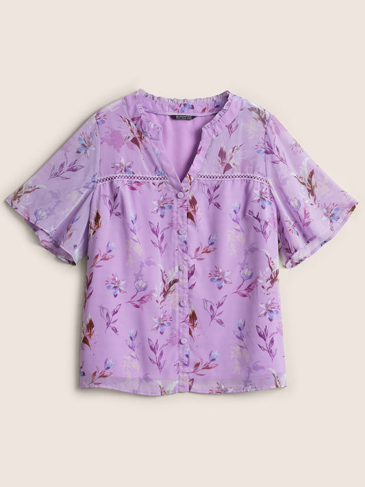 Plants Guipure Lace Button Detail Mesh Blouse