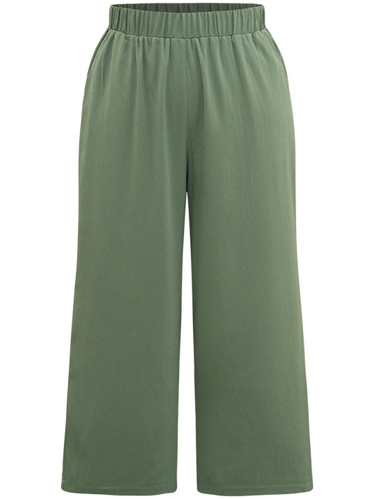 Solid Straight Leg Elastic Waist Woven Pants