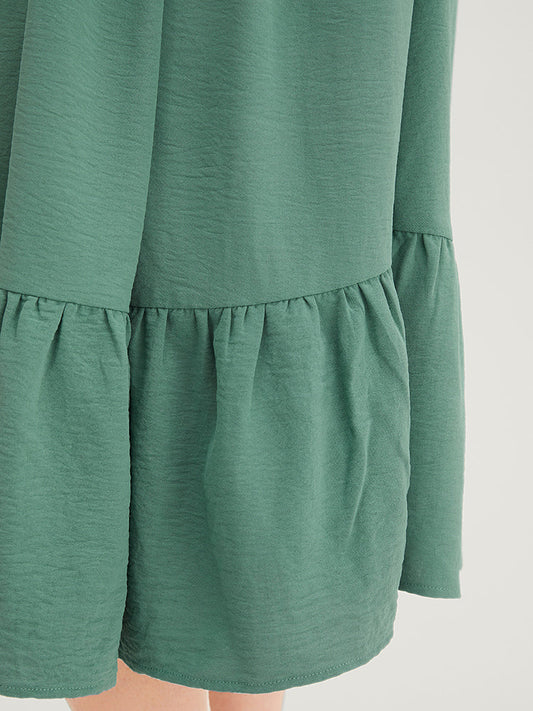 Floral Embroidered Flutter Sleeve Pocket Ruffles Hem Dress