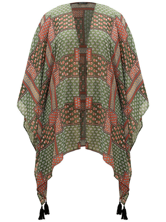 Bandana Print Tassels Trim Asymmetrical Hem Kimono