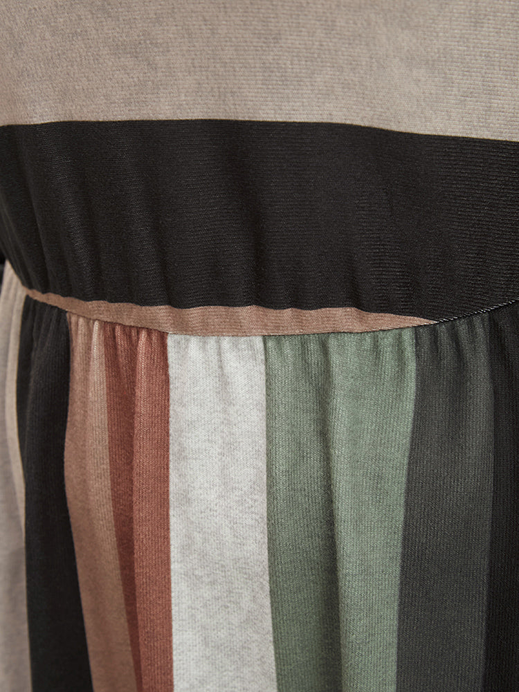 Striped Contrast Round Neck Pocket Midi Dress