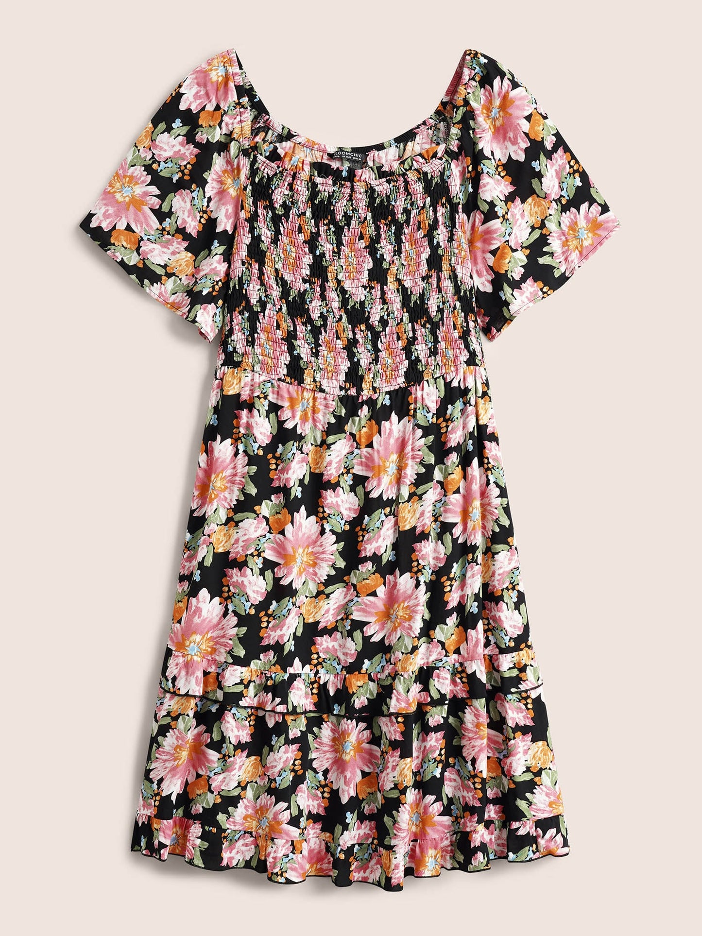 Floral Shirred Ruffles Patchwork Pleated Dress