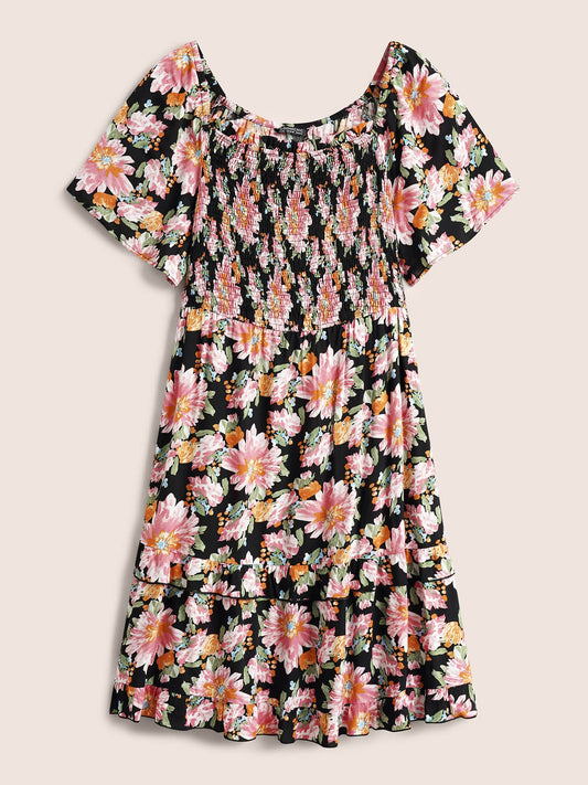 Floral Shirred Ruffles Patchwork Pleated Dress