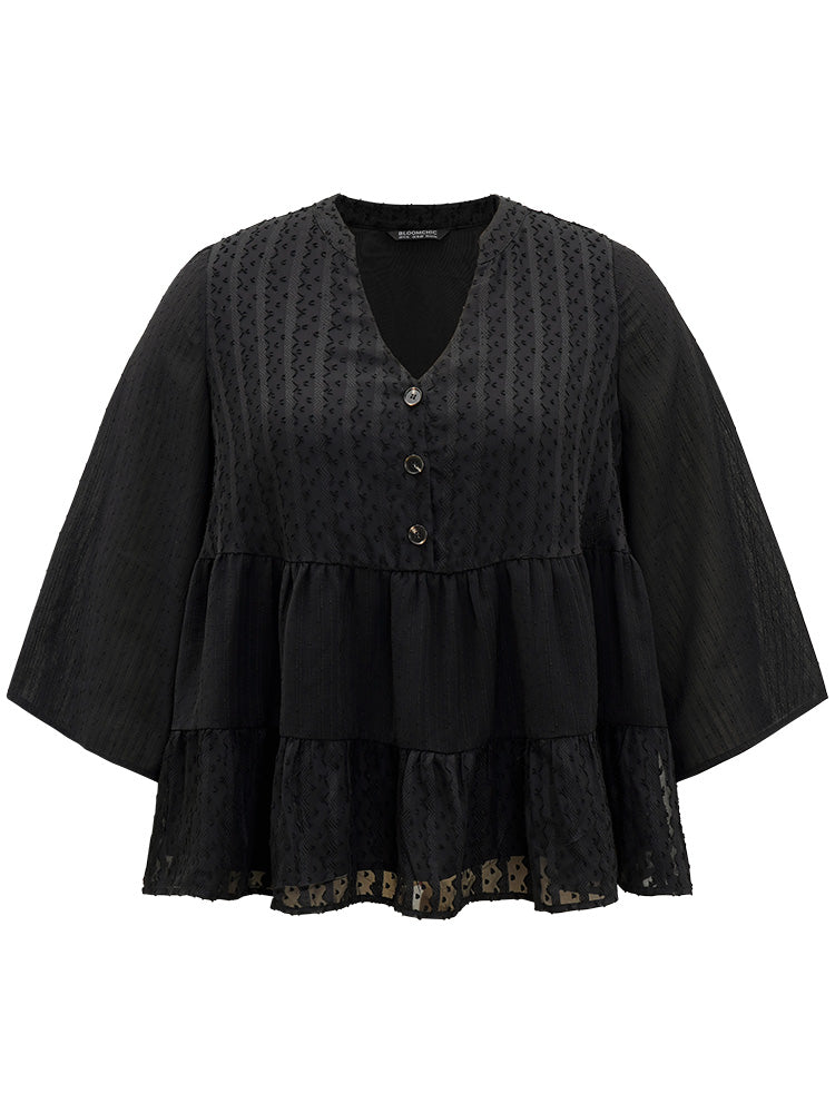 Plain Textured V Neck Elastic Waist Ruffle Hem Blouse