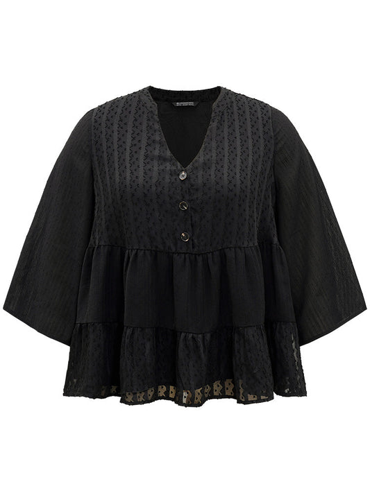 Plain Textured V Neck Elastic Waist Ruffle Hem Blouse