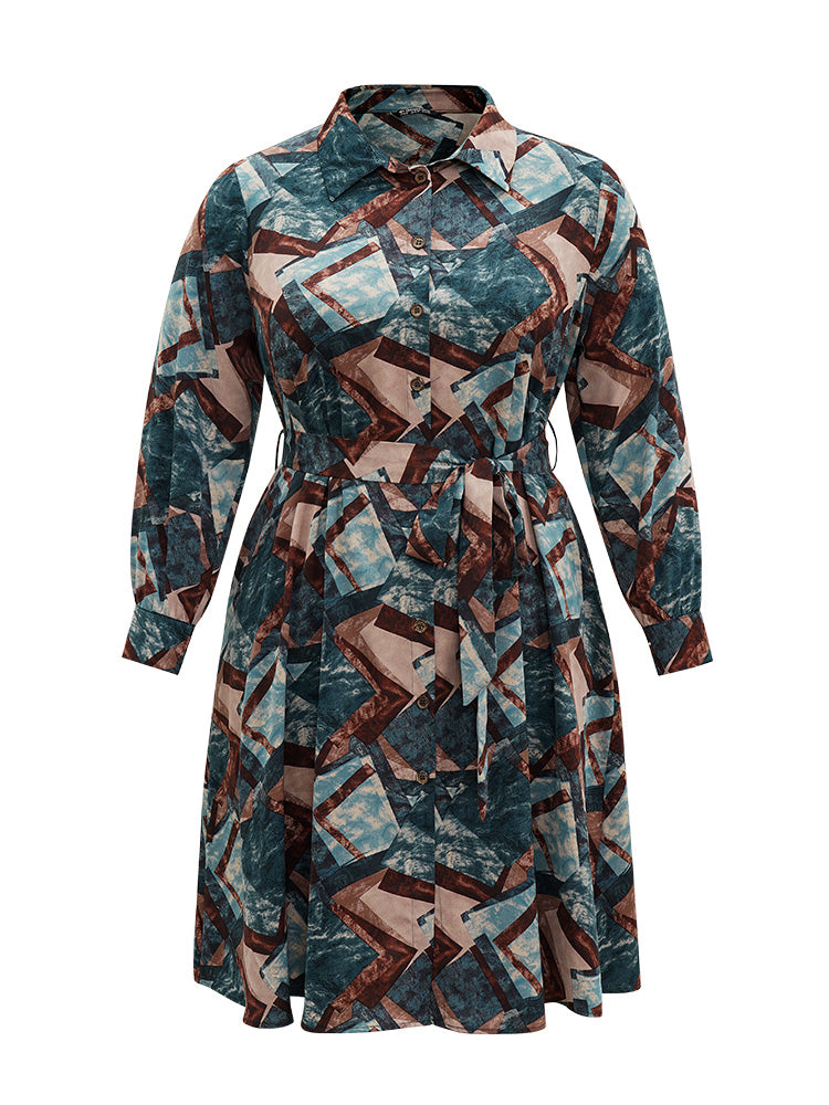 Geometric Colorblock Button Through Belted Dress