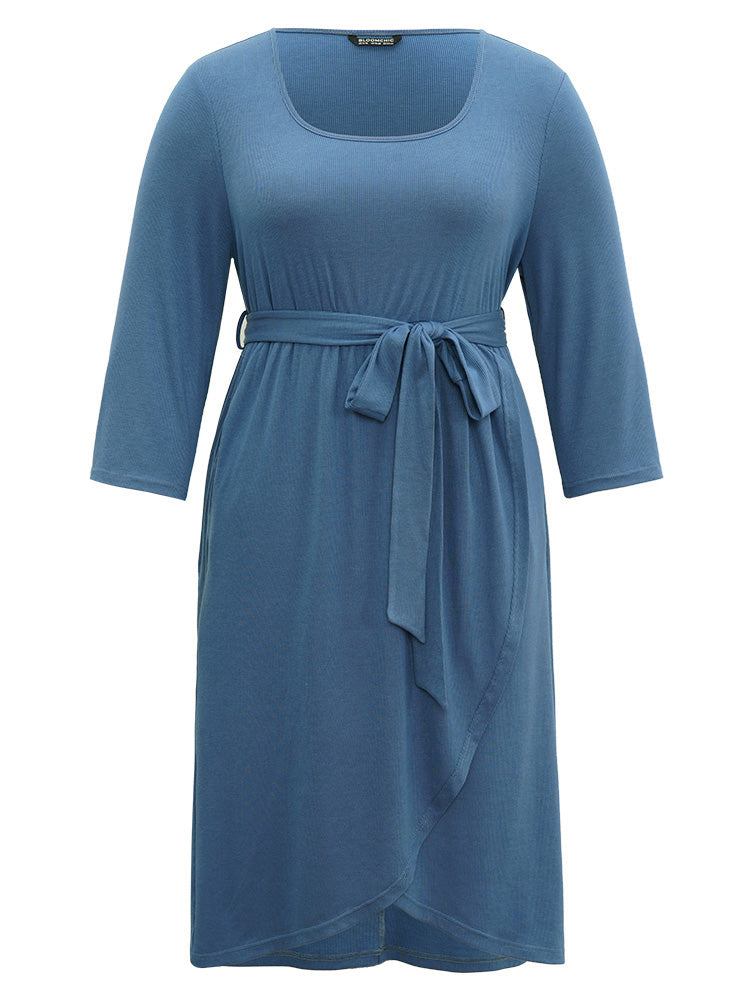 Plain Square Neck Arc Hem Belted Wrap Dress