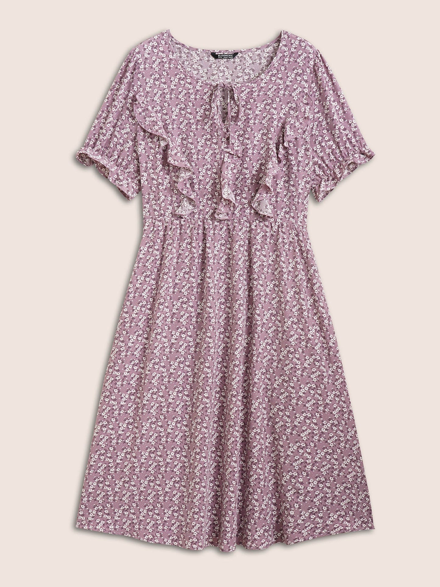 Ditsy Floral Ruffle Trim Ties Lantern Sleeve Dress