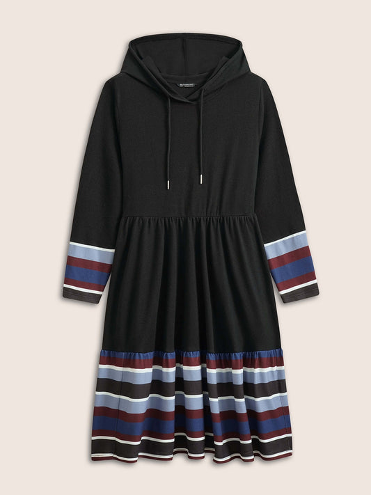 Contrast Striped Flutter Hem Hooded Drawstring Dress