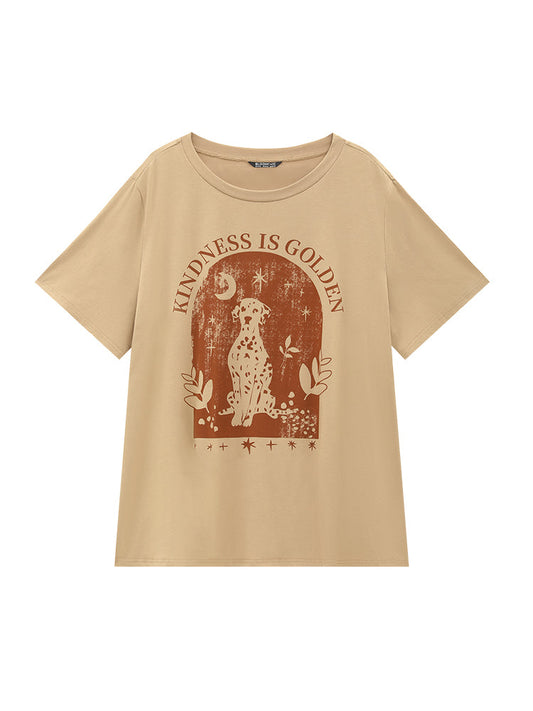 Dog & Moon Print Casual Drop Shoulder T-shirt