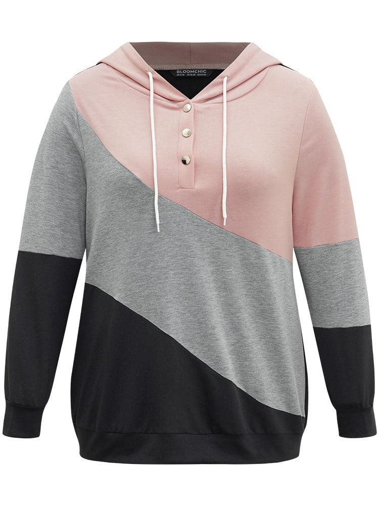 Colorblock Contrast Hooded Button Up Sweatshirt