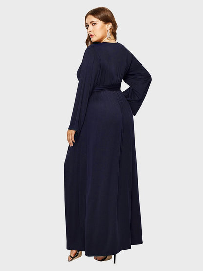 Belt V-neck Solid Color Maxi Dress