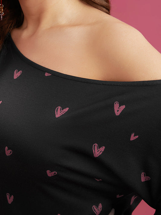 Heart Print One Shoulder Long Tee