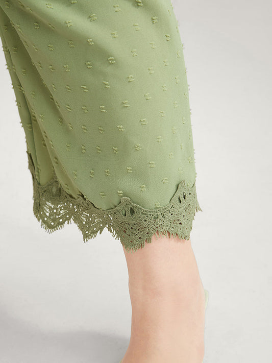 Plain Shirred Pocket Polka Dot Lace Trim Jumpsuit