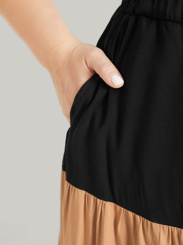 Colorblock Contrast Pocket Paperbag Waist Skirt