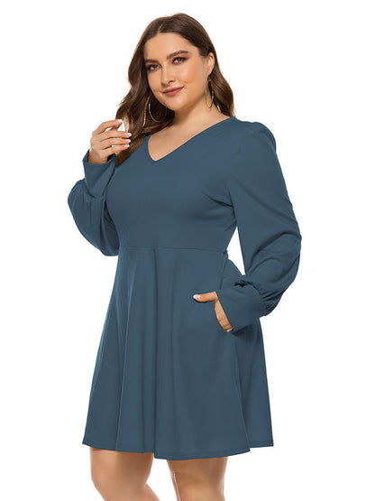 V-neck Lantern Sleeve Solid Color Dress