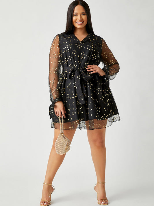 V-neck Knot Sleeve Belted Star Mesh Overlay Dress