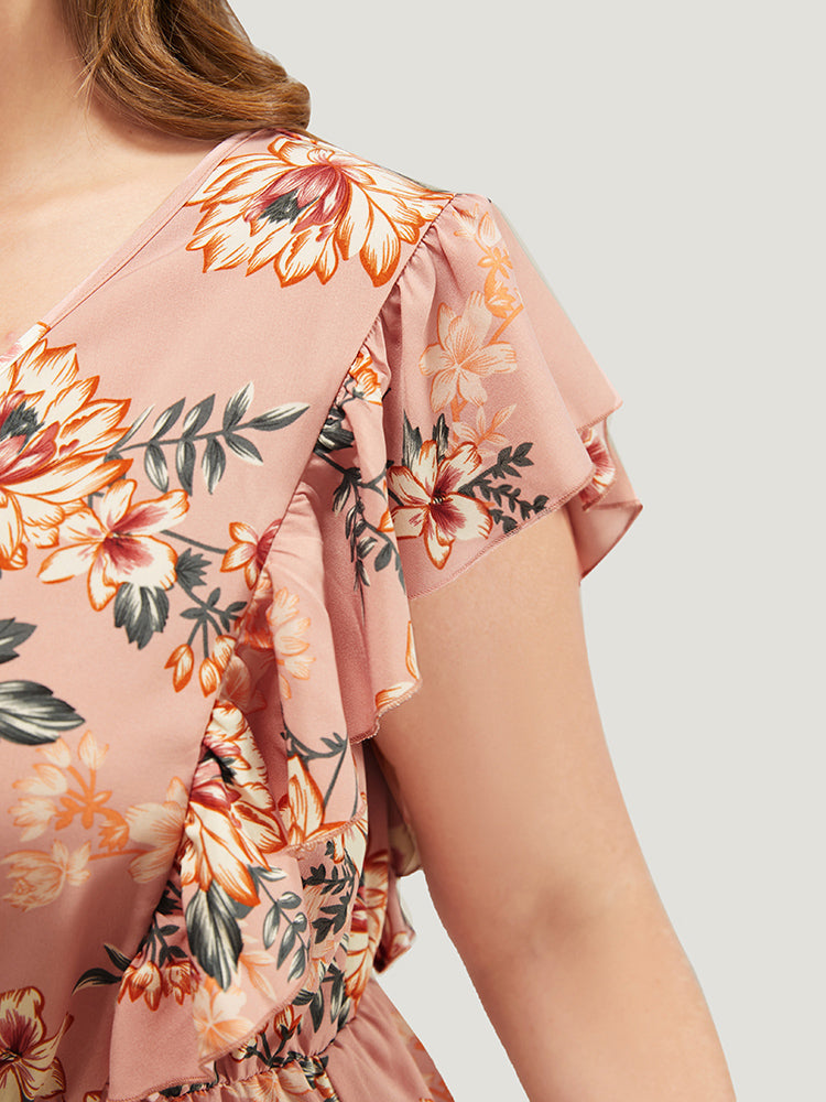 Floral Ruffle Trim Cap Sleeve Button Detail Blouse