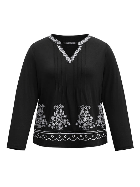 Floral Embroidered Notched Pleated T-shirt