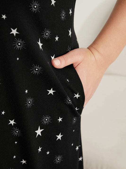 Moon And Star Round Neck Pocket Night Dress