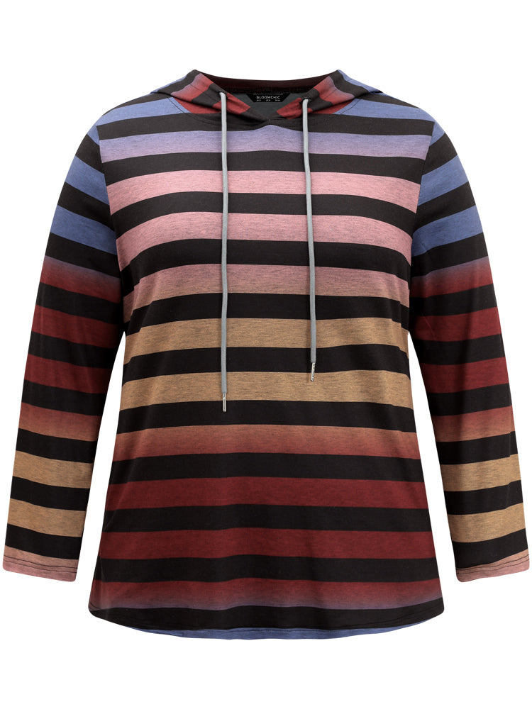Colour Striped Ombre Hooded Drawstring T-shirt