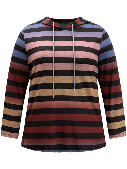 Colour Striped Ombre Hooded Drawstring T-shirt
