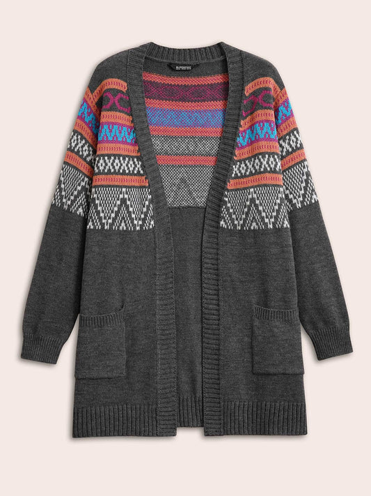 Boho Contrast Jacquard Patched Pocket Cardigan