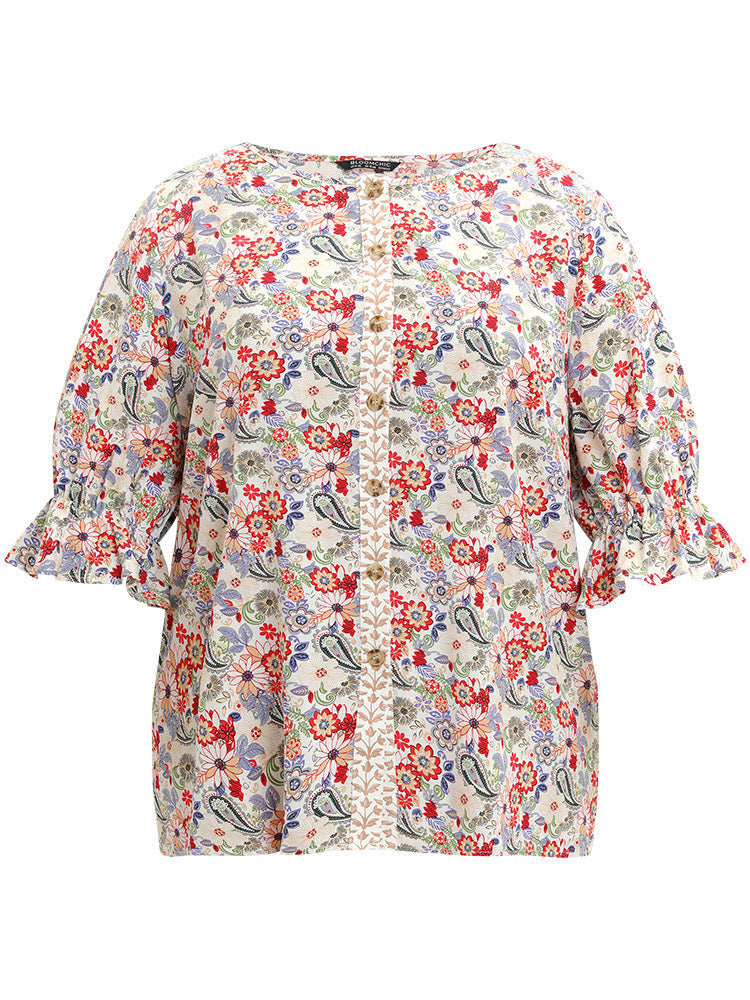 Floral & Paisley Graphic Button Up Lantern Sleeve Blouse