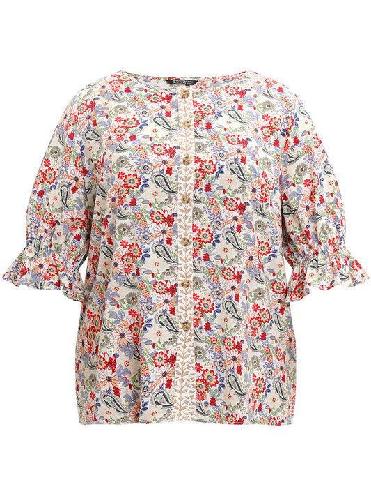 Floral & Paisley Graphic Button Up Lantern Sleeve Blouse