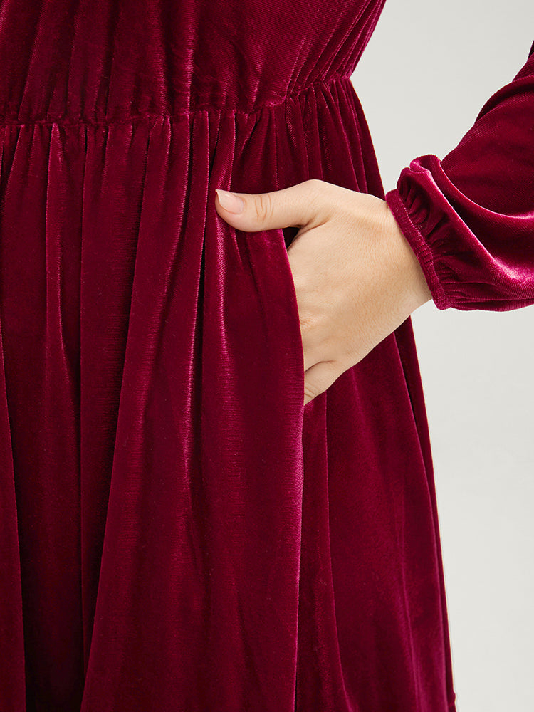 Solid Pocket Lantern Sleeve Velvet Flutter Dress