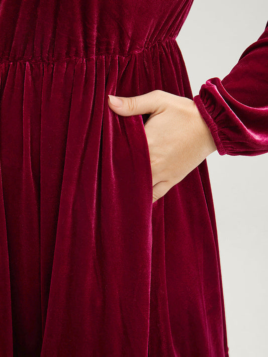 Solid Pocket Lantern Sleeve Velvet Flutter Dress