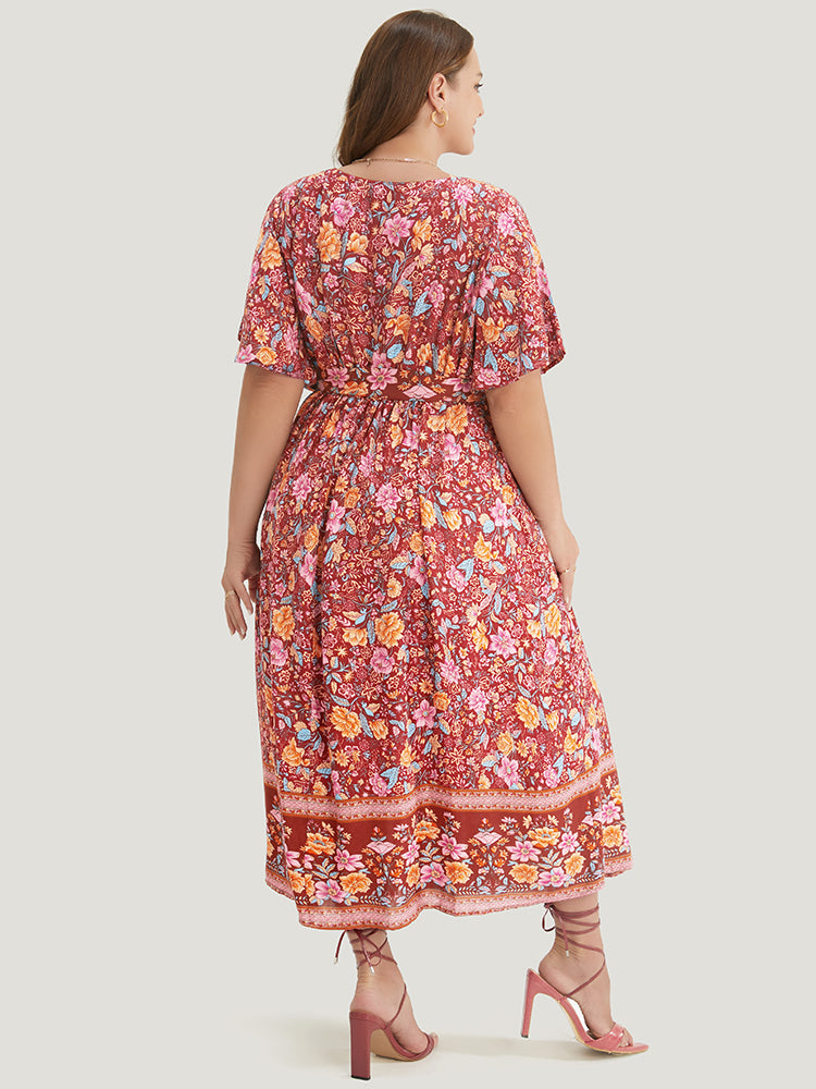 Bandana Print Ruffles Wrap Belted Pocket Split Hem Dress