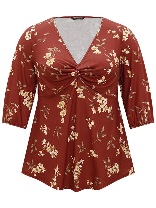 Floral Print Twist Front Ruched Lantern Sleeve T-shirt