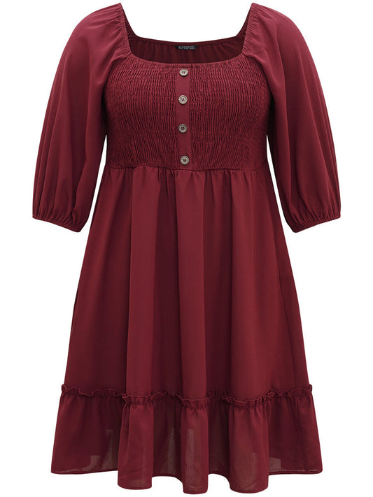 Shirred Pocket Button Detail Frill Trim Dress