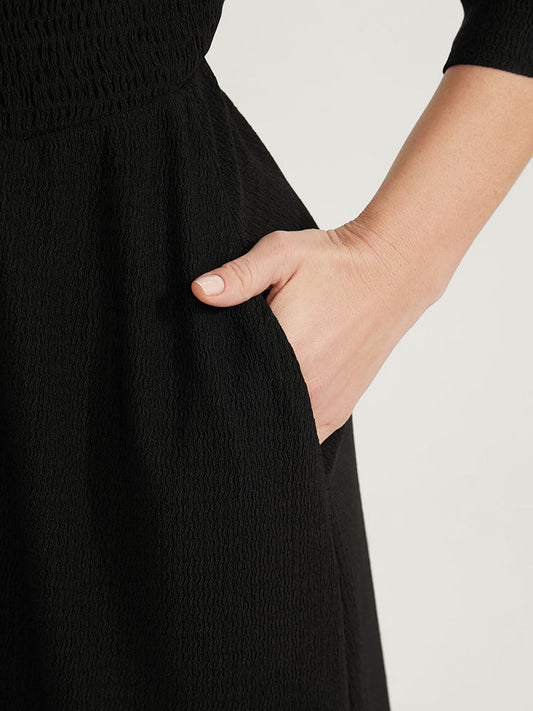 Plain Shirred V Neck Pocket Flutter Hem Dress