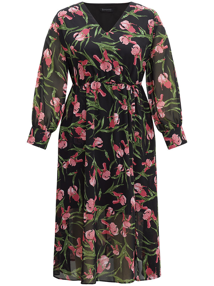 Floral Print Chiffon Split Side Elastic Waist Dress