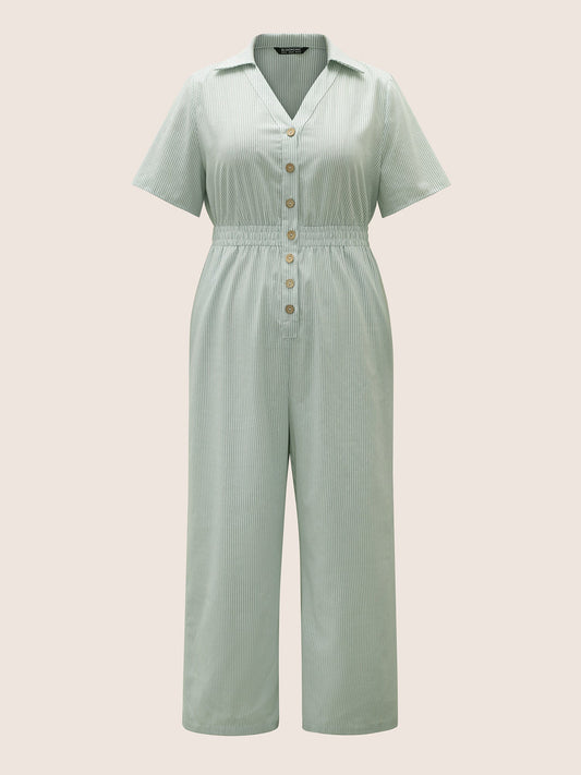 Striped Lapel Collar Shirred Button Detail Jumpsuit