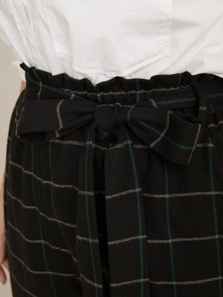 Plaid Print Pocket Paperbag Waist Belted Wide Leg Pants