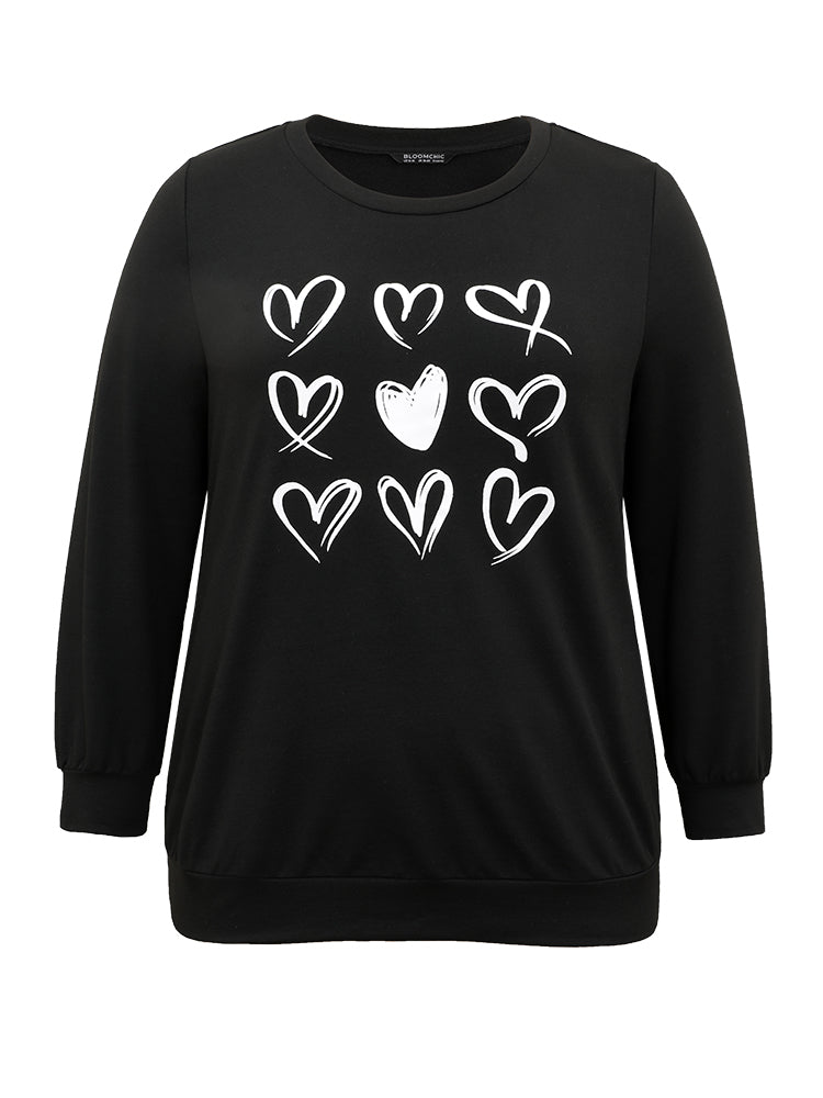 Heart Print Round Neck Sweatshirt