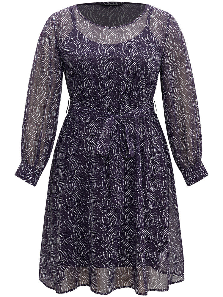 Geometric Mesh Elastic Waist Belted Dress