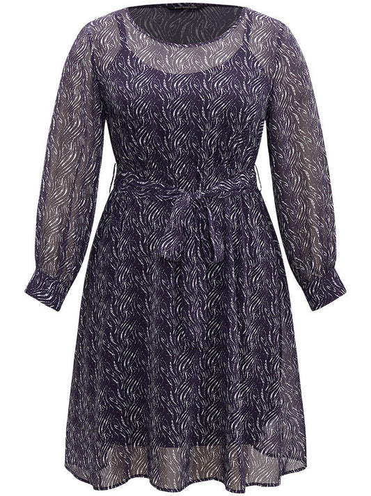 Geometric Mesh Elastic Waist Belted Dress