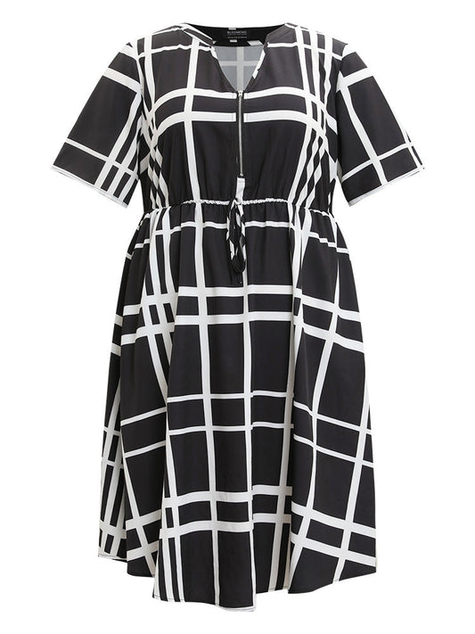 Plaid Knot Front Pocket Arc Hem Zipper Dress