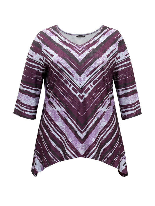 Contrast Striped V Neck Asymmetrical Hem T-shirt