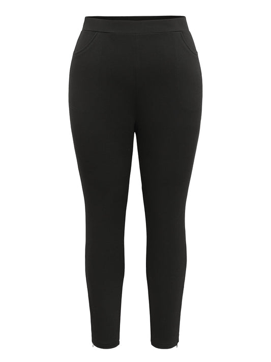 Solid Zipper Hem Elastic Waist Skinny Pants