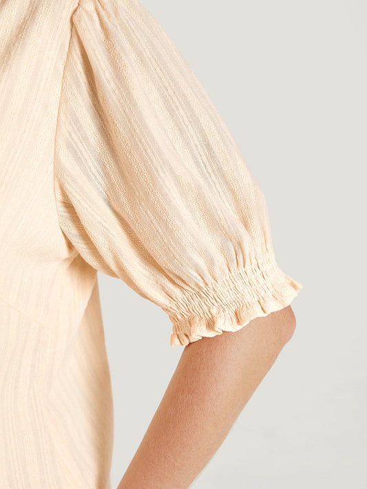 Plain Notched Shirred Puff Sleeve Blouse