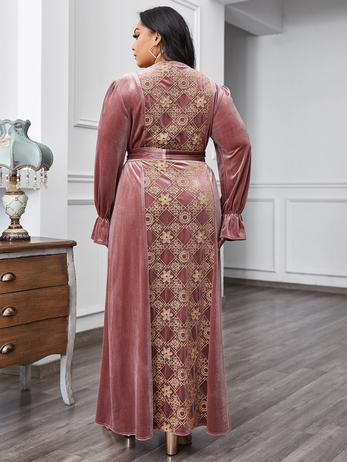 Floral & Argyle Embroidered Belt Velvet A-line Dress